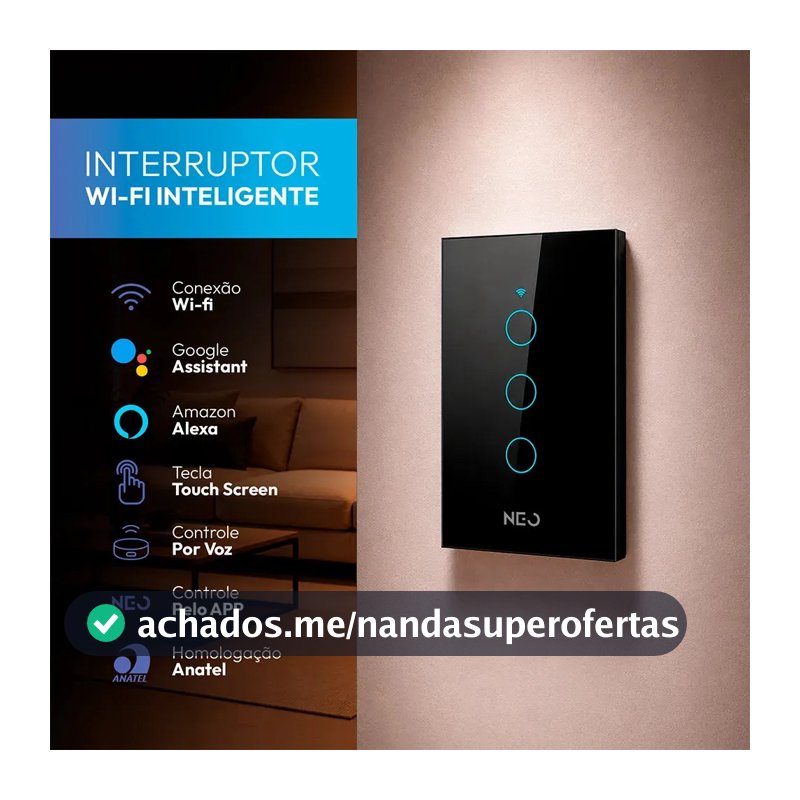 Interruptor Inteligente Wifi 4x2 Touch 3 Botões Alexa Google Cor Preto NEO by Avant