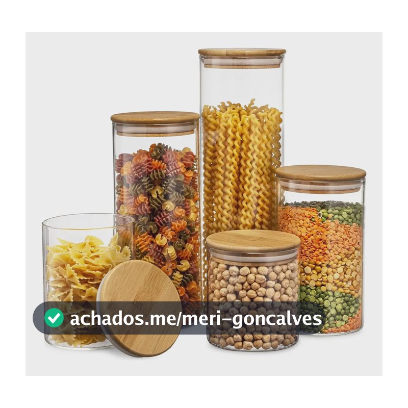 Jogo 5 Potes Hermetico Vidro Cozinha Mantimentos Tampa Bambu
