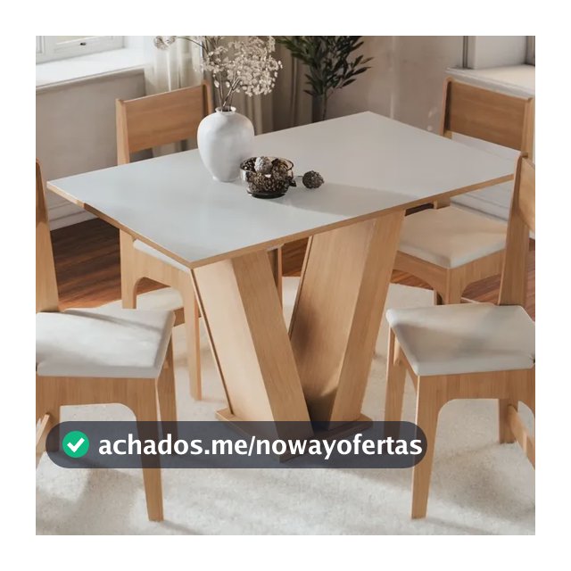 Conjunto Sala de Jantar 4 Lugares com Cadeiras Estofadas Mesa Com Tampo Retangular Semelhante Vidro Base V Mel Branco Off White