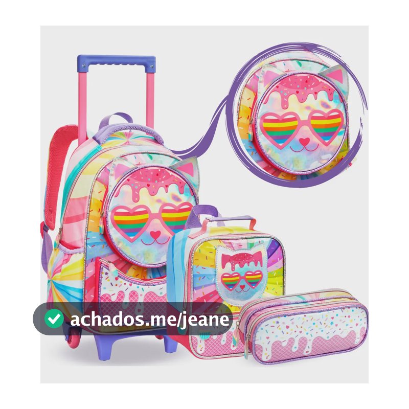 Conjunto Mochila com Rodinhas Lancheira e Estojo Infantil Gatinha Denlex