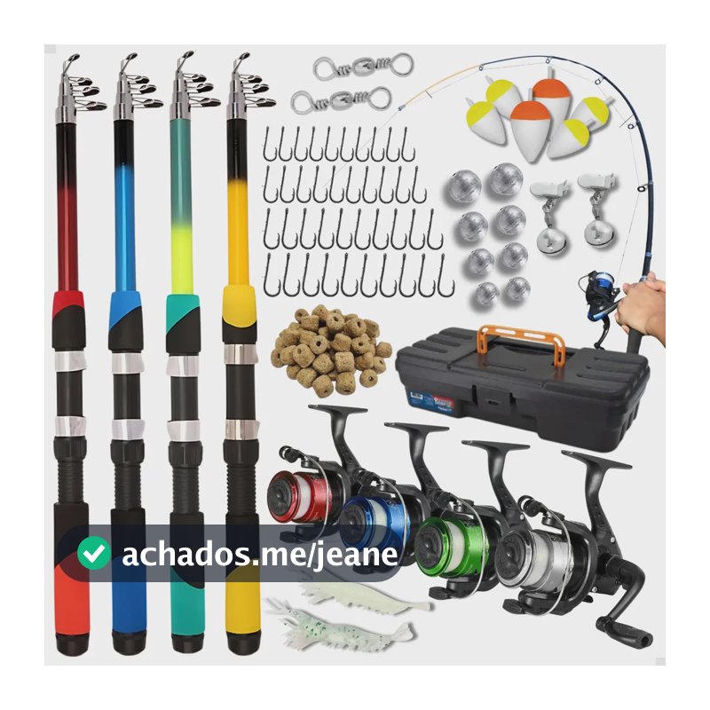 Kit Pesca Completo 4 Varas Telescópica - 4 Molinetes e Linha - Maleta e Acessórios De Pescaria - Pescamping