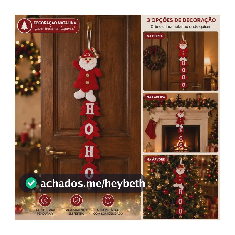 Guirlanda Papai Noel Ho Ho Ho Enfeite de Porta em Feltro Decoração Natalina Pendente com Sino Dourado Natal Casa Sala Lareira Presente Fim de Ano
