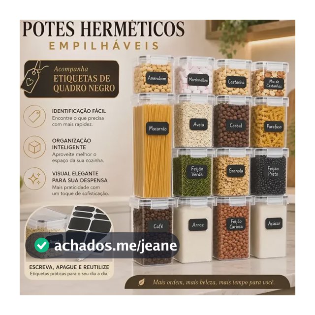 Conjunto 15 Potes Herméticos Acrílico Quadrado Empilháveis Transparente