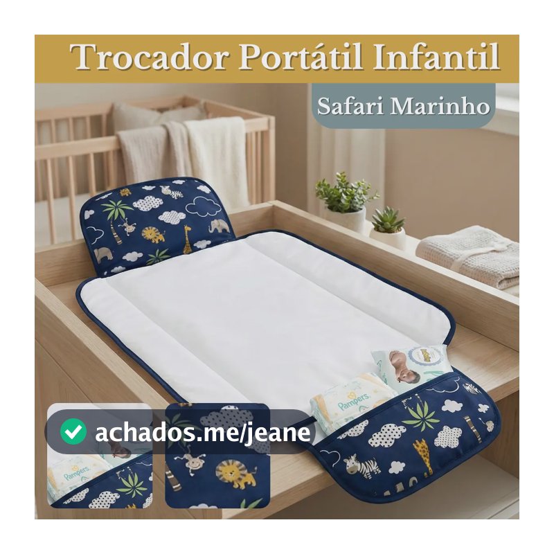 Trocador De Fralda Impermeável Dobrável Retrátil Com Bolso Lindas Estampas Safari Marinho