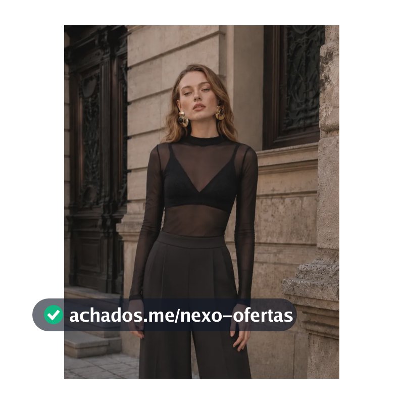 Blusa Feminina Gola Alta Em Tule Segunda Pele Look Balada Preto Lisa Gg (44-46)