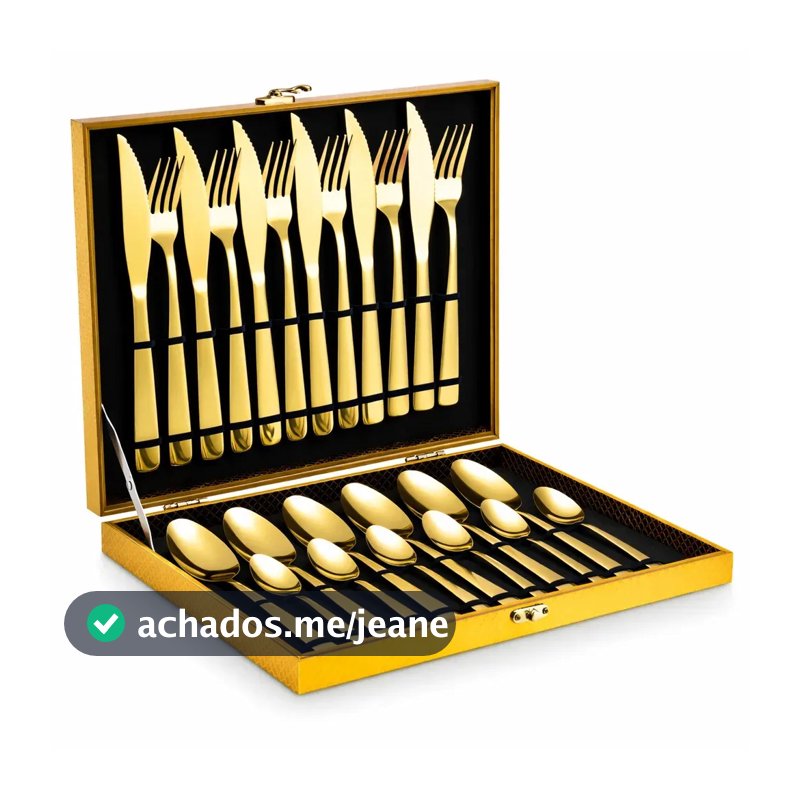 Eps-158 Kit Faqueiro Dourado Luxo Jogo Talheres Inox 24pçs + Maleta Sem Estampa