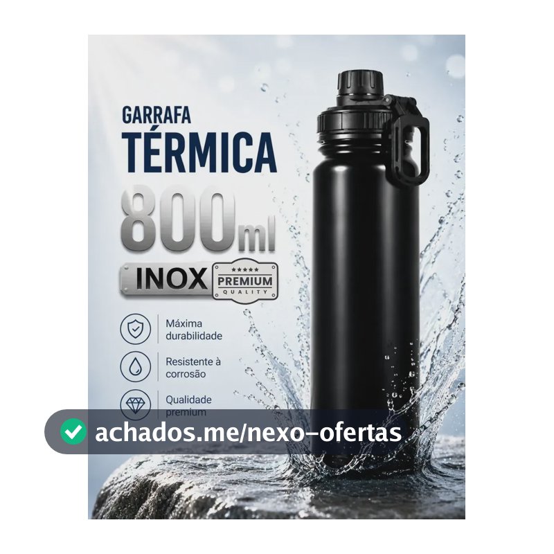 Garrafa Térmica 800ml Água Azarte Inox Academia Com Alça Preta