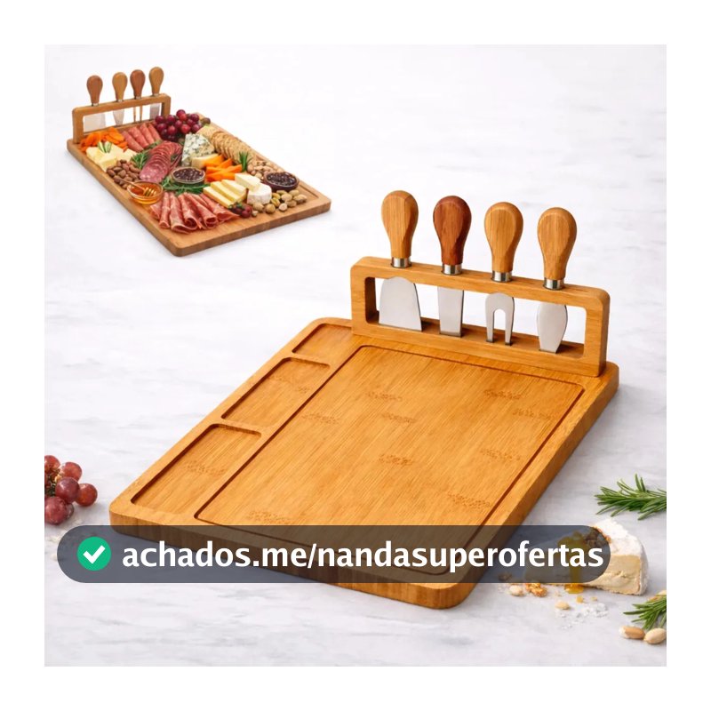 Kit Tábua De Frios E Queijos Grande Bambu 40cm + Jogo De Facas 4 Peças Petisqueira Para Servir Mesa Posta Gourmet Encontro Familiar Romântico Premium E Ecológica