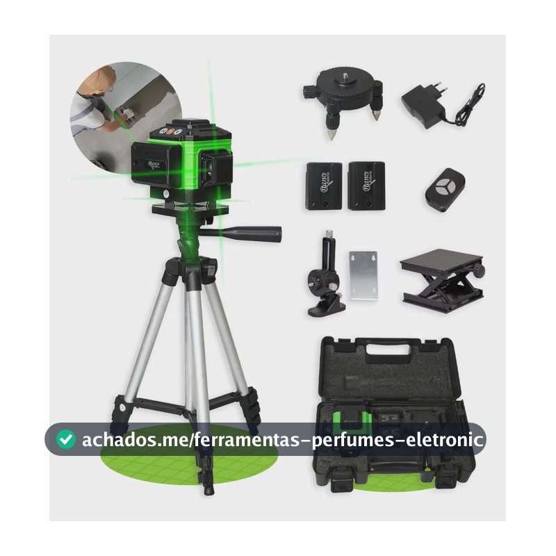 Kit Nível A Laser Verde 12 Linhas Esquadro + Suporte + Tripé Recarregavel Profissional Prumo Autonivelante Nano Bateria