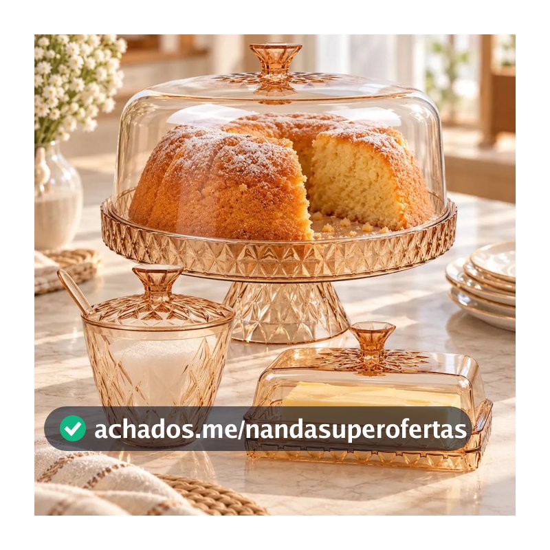 Boleira Alta Com Pé Com Manteigueira E Açucareiro Com Tampa Acrílico Resistente Âmbar Mesa Posta Ou Confeitaria