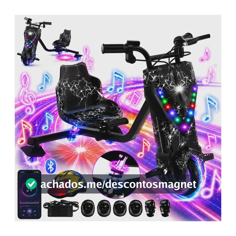 Patinete Elétrico Triciclo Drift Infantil 350W 36V Bluetooth LED 3 Velocidades Motor Brushless Luzes RGB Freio Manual Capacete Kit Proteção Bateria Lítio Ajustável Até 100kg Preto