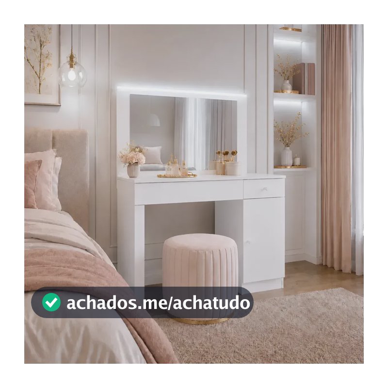 Penteadeira Escrivaninha Camarim Estela Com Espelho LED 2 Gavetas Organizadoras Para Maquiagem 108 Cm Branca Liberty Móveis