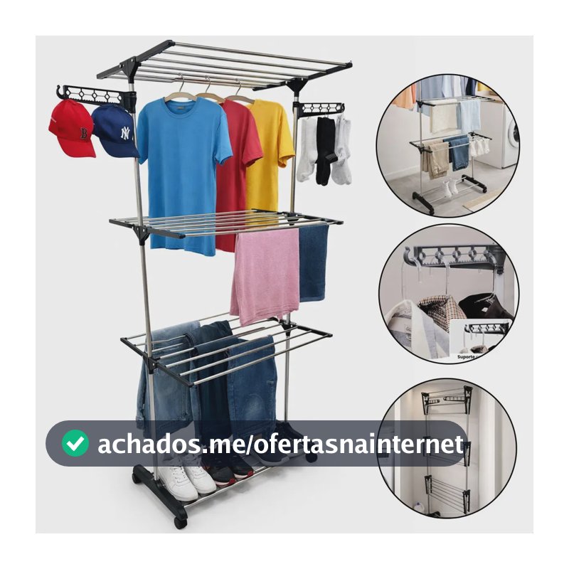 Varal De Chão 3 Andares Grande Dobrável Regulável Retrátil