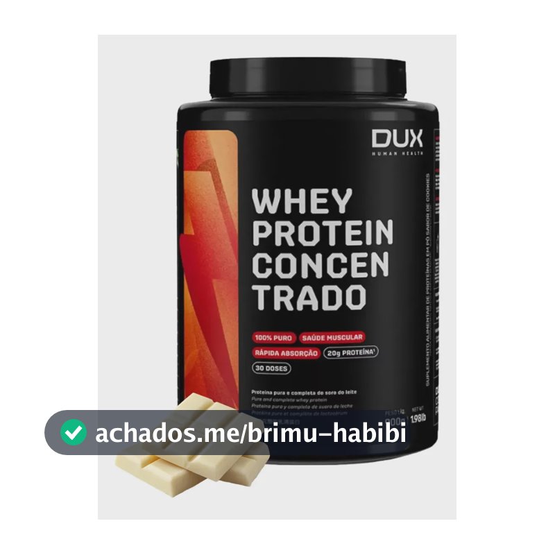 Whey Protein Concentrado Dux Nutrition Pote 900g Sabor Chocolate Branco - 20g de Proteínas Por Dose - 100% Puro - Rápida Absorção - 30 Doses