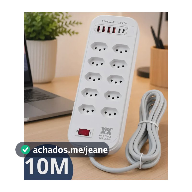 Extensão Régua Filtro De Linha Com Cabo De 10 Metros E Protetor Energia Elétrica Com 10 Tomadas 10a E 2.500w, Com 4 Usb E 2 Tipo-c Bivolt - Black Raipe Branca