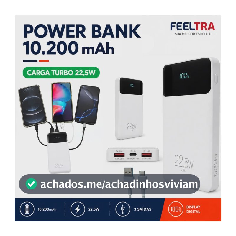 Power Bank Portátil FEELTRA 10.200mAh 22.5W Turbo com Display e 3 Saídas USB