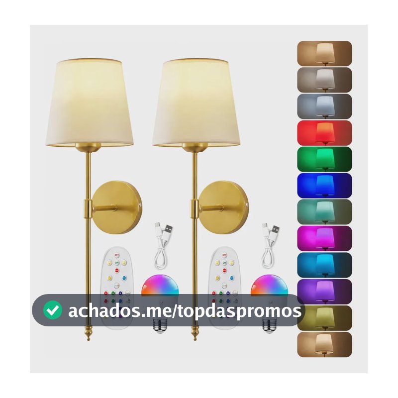 Arandela LED sem fio recarregável, Kit 2, Arandelas sem Fio Douradas, arandela dimerizável, arandela moderna, Duas Luminárias LED para Parede com Controle Remoto RGB Tieesa