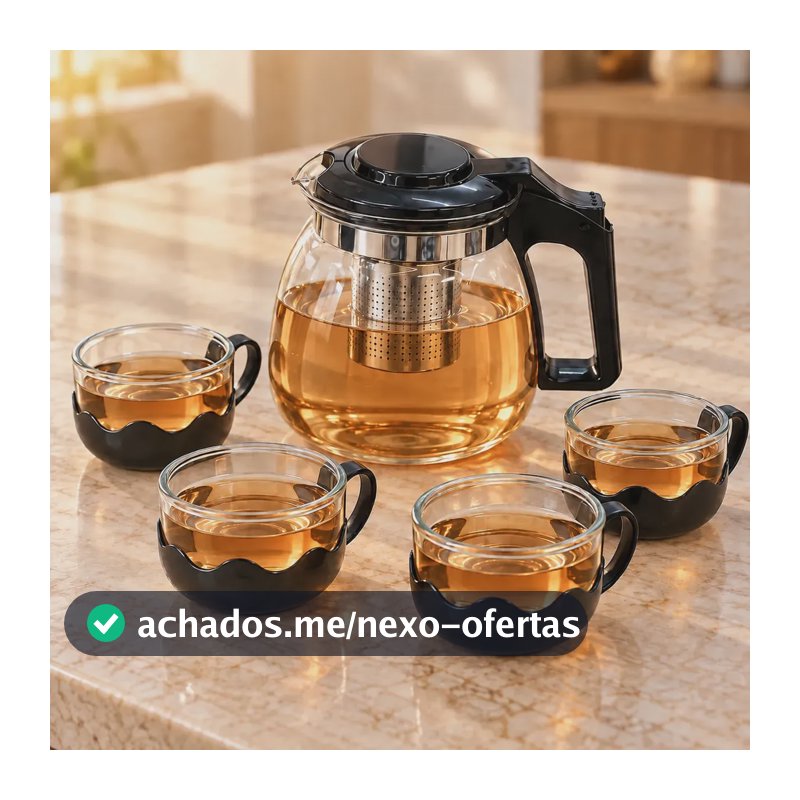 Chaleira Bule Vidro 950ml Com Infusor Inox E 4 Xícaras 150ml Transparente