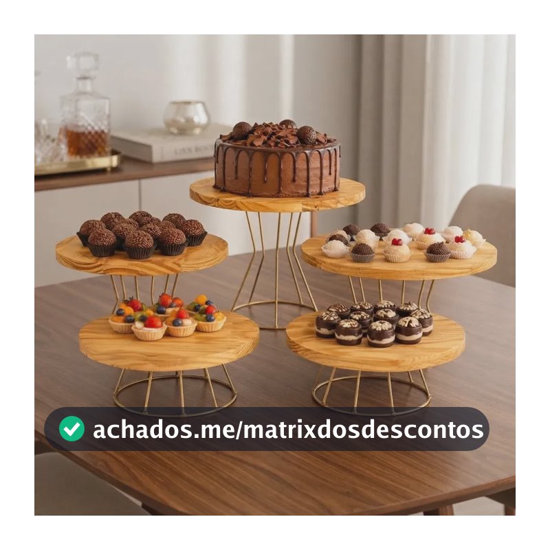 Kit Boleira Suporte Mesa 5 Peças Ferro E Madeira Dourado Festa Bolos