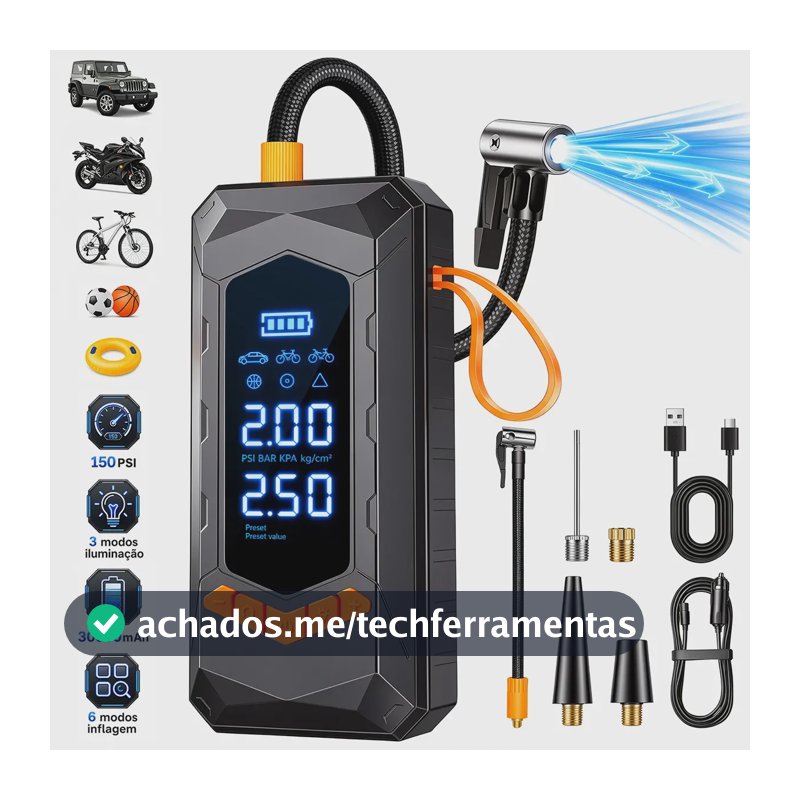 aweshine Compressor De Ar Portátil Digital 150PSI Com Calibrador De Pneus Portátil,6 Modos De Inflação Luz De Emergência 3 Modos Para Carro Moto Bicicleta