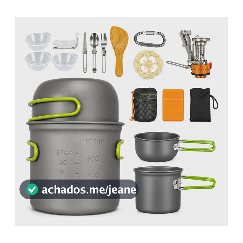 Kit Panelas Camping Pesca Cozinha Cooking 16pc Com Fogareiro Cinza-escuro