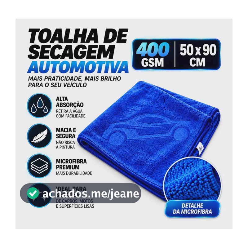 Toalha Para Secagem De Carro Automotiva 400gsm 50x90 Azul