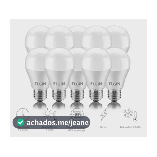 Kit 10 Lâmpadas Bulbo LED Elgin 15W, Luz Branco-Frio 6500K