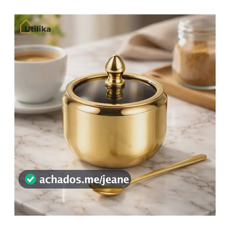 Açucareiro Em Aço Inox Dourado Com Tampa De Vidro E Colher Inox