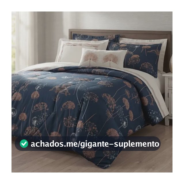 Kit Colcha Edredom King Algodão C/ Almofada 5 Peças Premium Azul-marinho Estampa Floral