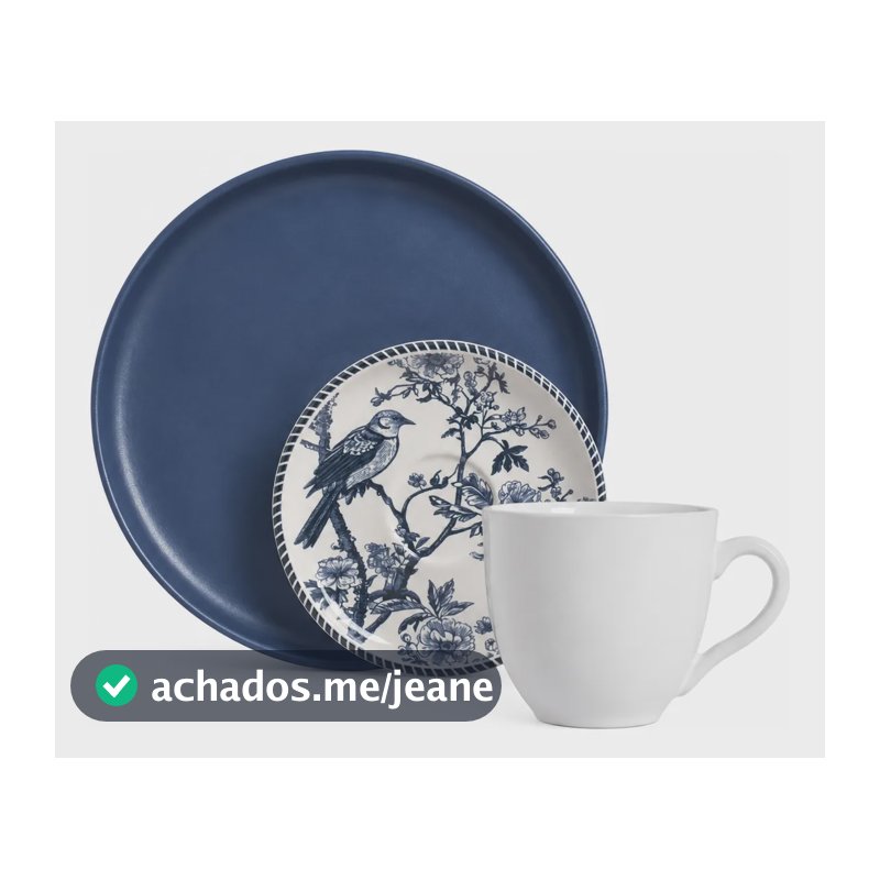 Jogo 3pçs Prato Xícara Chá 170ml Pires Rouxinol Porto Brasil Azul Escuro E Branco Boreal E Rouxinol