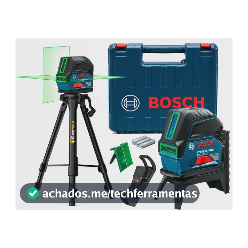 Kit Nível A Laser Verde (linhas) e vermelho (pontos de prumo) Cruzado 2 Linhas GCL 2-15 G Bosch + Tripé Suporte 1,20m Profissional Rosca 5/8 The Black Tools
