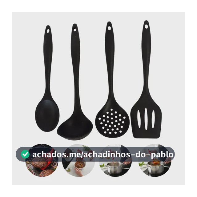 Kit 4 Silicone Concha Colher Escumadeira Espátula Hambúrguer Preto