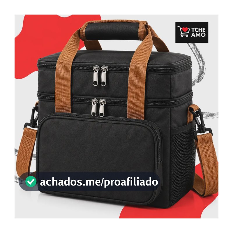 Bolsa Térmica Marmita Lancheira Alça Transversal Ajustável Removível Alça de mão reforçada 2 Compartimentos Organiza Conserva Seus Alimentos Quente ou Frio Cor Preto Tche Amo