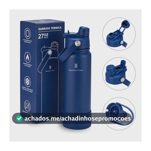 Garrafa Térmica 800ml Inox Bico Duplo Canudo Alça Esporte Azul