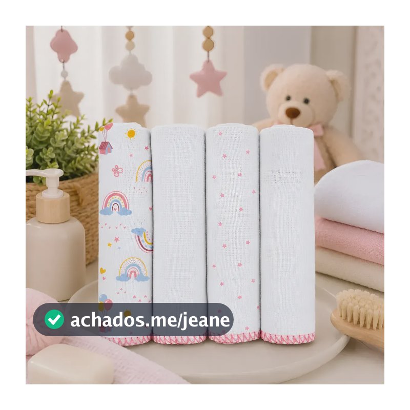 4 Pano De Boca Bebê Fralda 34cmx34cm Enxoval Toalha Algodão Arco Íris Rosa