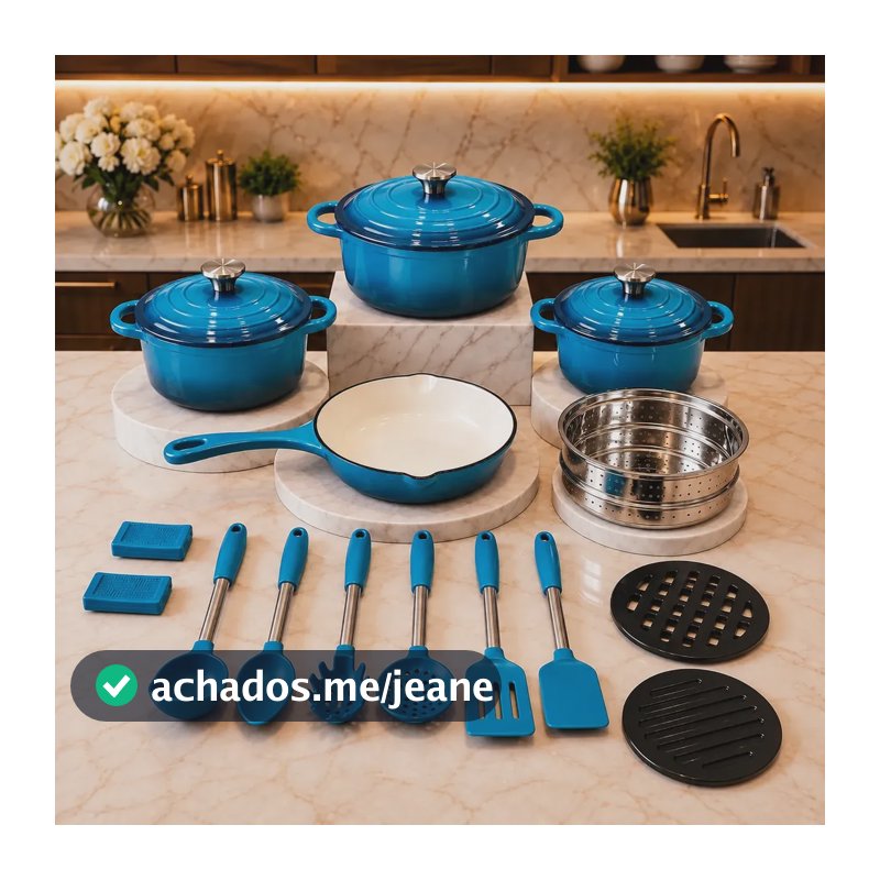 Kit Panelas Ferro Fundido 18 Peças Antiaderente Esmaltada Azul
