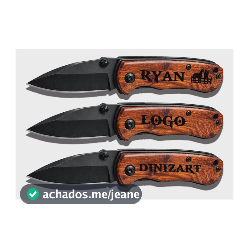 Canivete De Bolso Cabo Madeira Personalizado Inox Preto Clip Preto