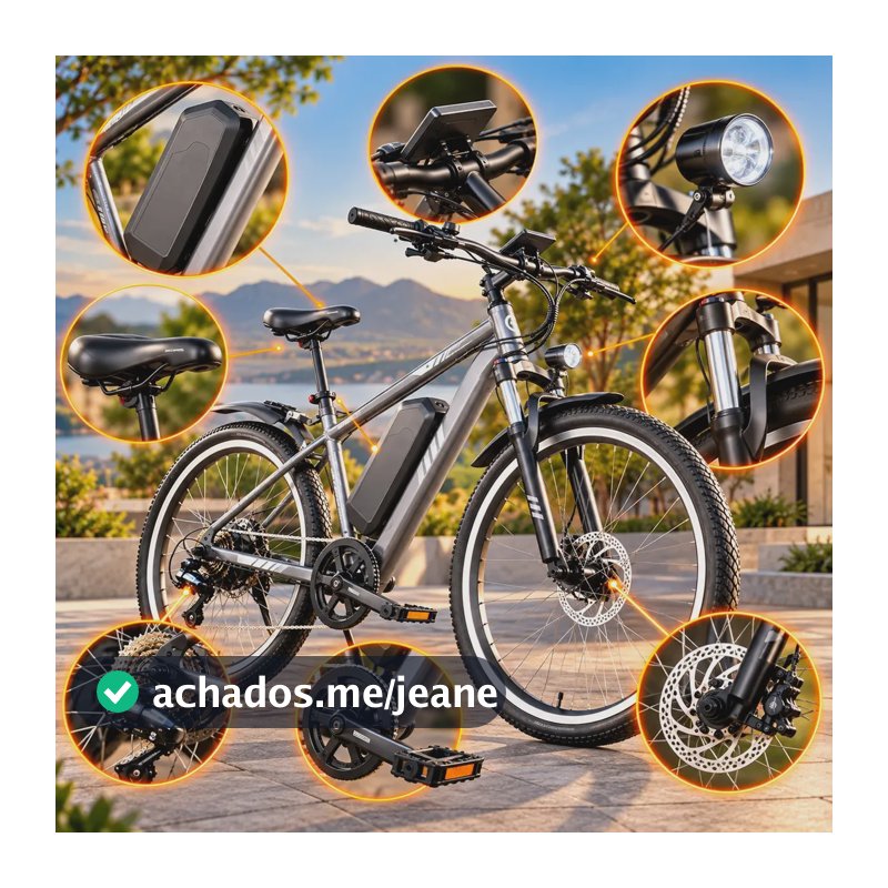 Bicicleta Elétrica Adulto Aro 26 Cinza Motor 750W Bateria de Lítio 48V 6Ah Recarregável Removível com Suspensão Dianteira Freio a Disco Painel Digital Farol e Câmbio