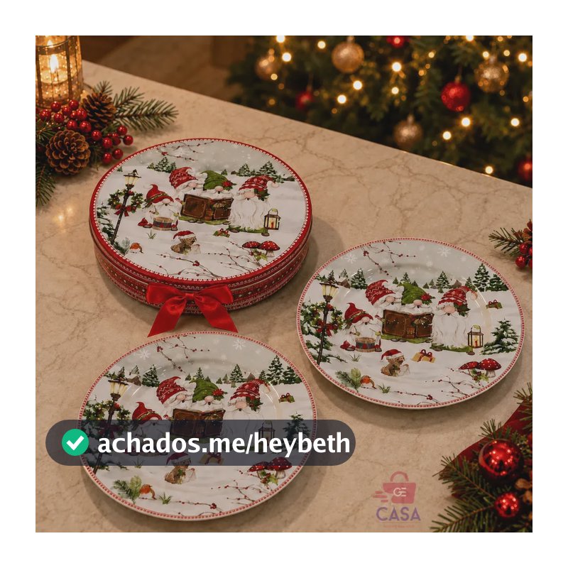 Prato Sobremesa Gecasa Cerâmica Luxo Natalino Vermelho Enfeites