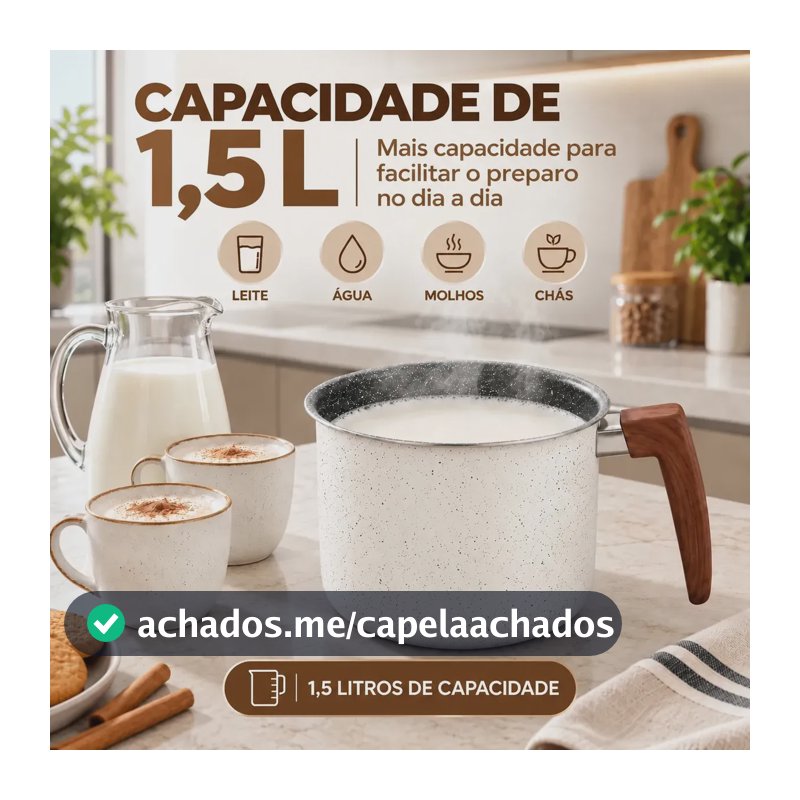 Leiteira Fervedor Antiaderente 1,5L Granito Alumínio para Indução Gás Elétrico Vitrocerâmico Cabo Amadeirado Branco Granito