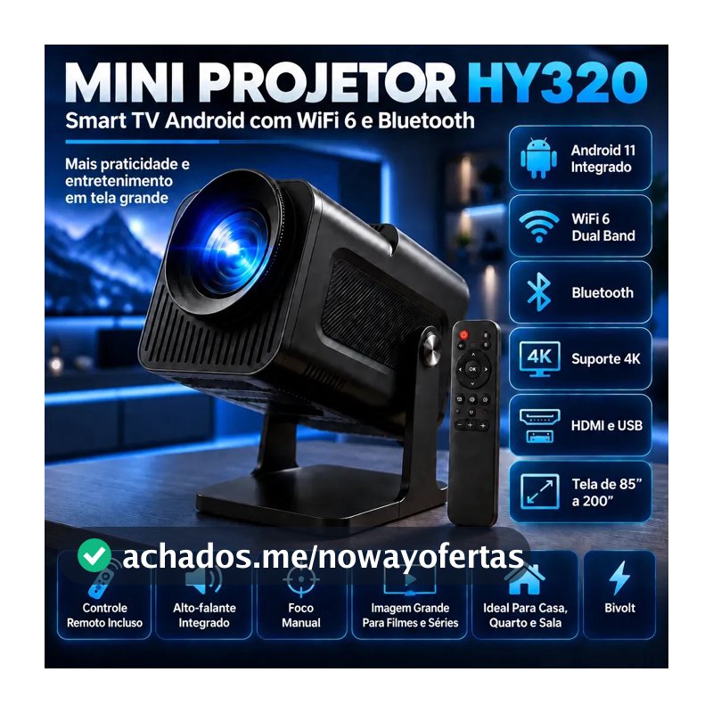 Projetor HY320 Mini Portátil Hardline Smart TV Android WiFi 6 390 ANSI Lumens Full HD Suporte K HMI Bluetooth 85-200 Polegadas Alto Falante Com Controle Remoto Bivolt
