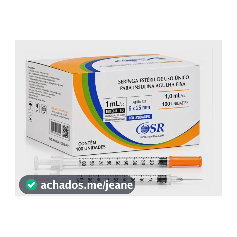 Seringa Insulina 100ui Agulha Fixa 6mmx25mm 1ml 20 Unidades 1 Ml