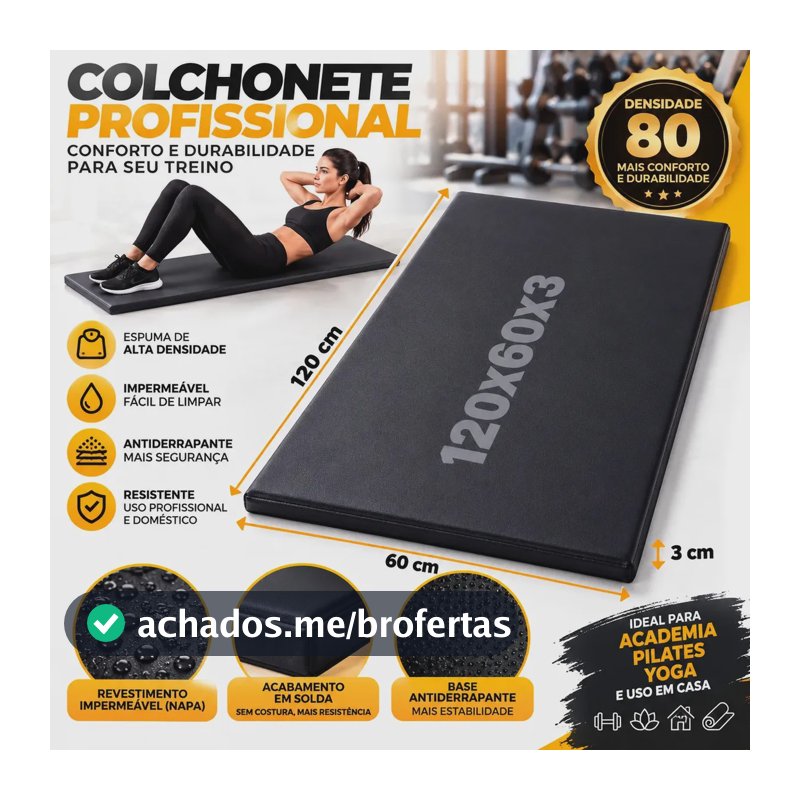 Colchão Extra Grande 120x60 Abdominal Colchonete Academia Preto pilates yoga tapete funcional feito em espuma resistente grossa
