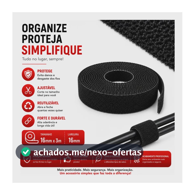 Fita Velcro Organizador Cabos 16mm X 3m Preta Profissional Preto