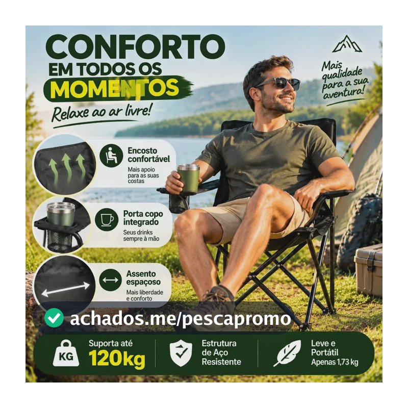 Cadeira Camping Dobrável Preto Aço Tecido Oxford 90kg Com Porta-copo