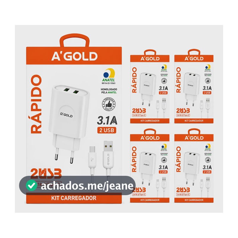 Kit 5 Carregador + Cabo Tipo C 2 Usb Rápido Atacado Revenda Branco