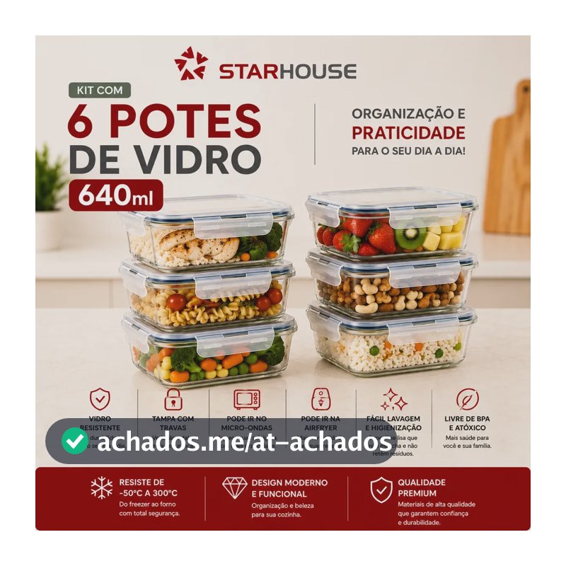 Kit 6 Potes 640ml Vidro Hermético 4 Travas Marmita Refratario Star House com 4 travas de super vedação