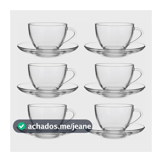 Jogo 6 Xícaras Café Com Pires 12 Peças Vidro 90ml  Transparente Liso