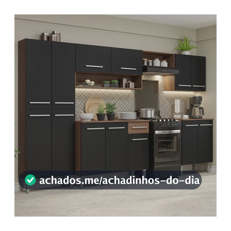 Armário de Cozinha Completa Modulada Compacta Madesa Emilly Balcão Rp Cor Rustic/Preto XAGREM2930017K