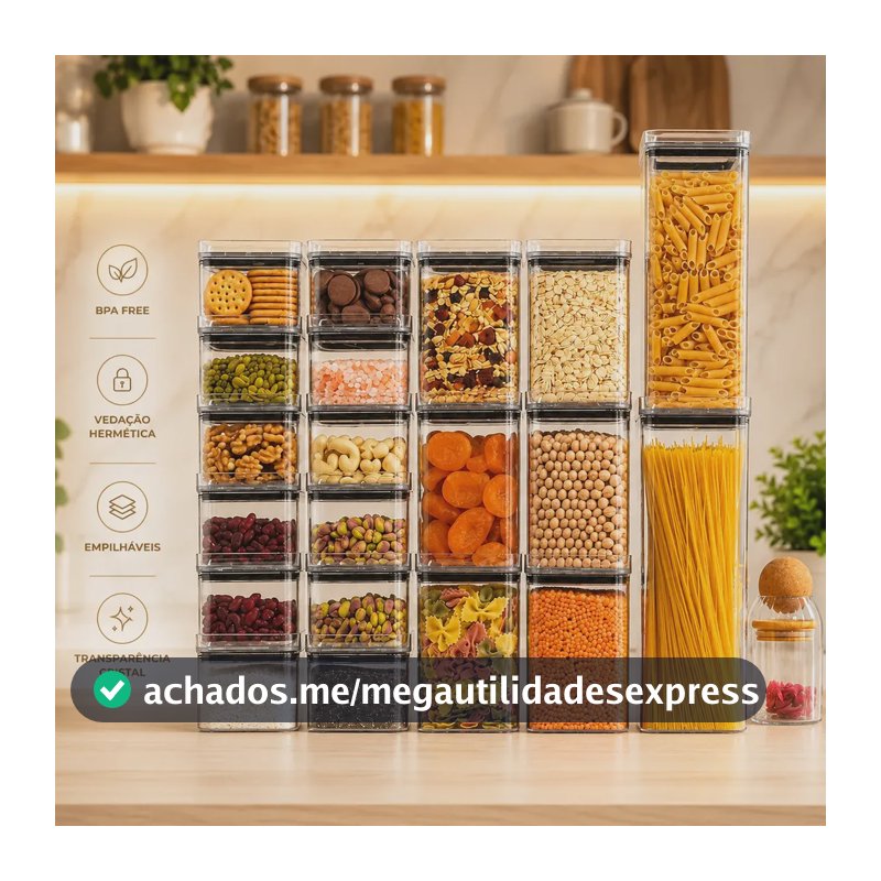 Kit 20 Potes Porta Mantimento Herméticos 2,3litros 1,1litro 500ml Acrílico Empilhável Transparência Cristal Livre de BPA